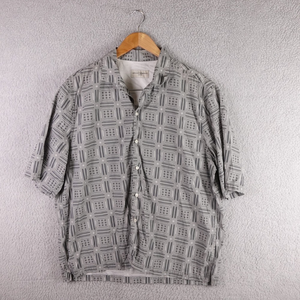 Officine Generale Paris 6 Mens XL Grey Geometric Block Print Camp Collar Shirt
